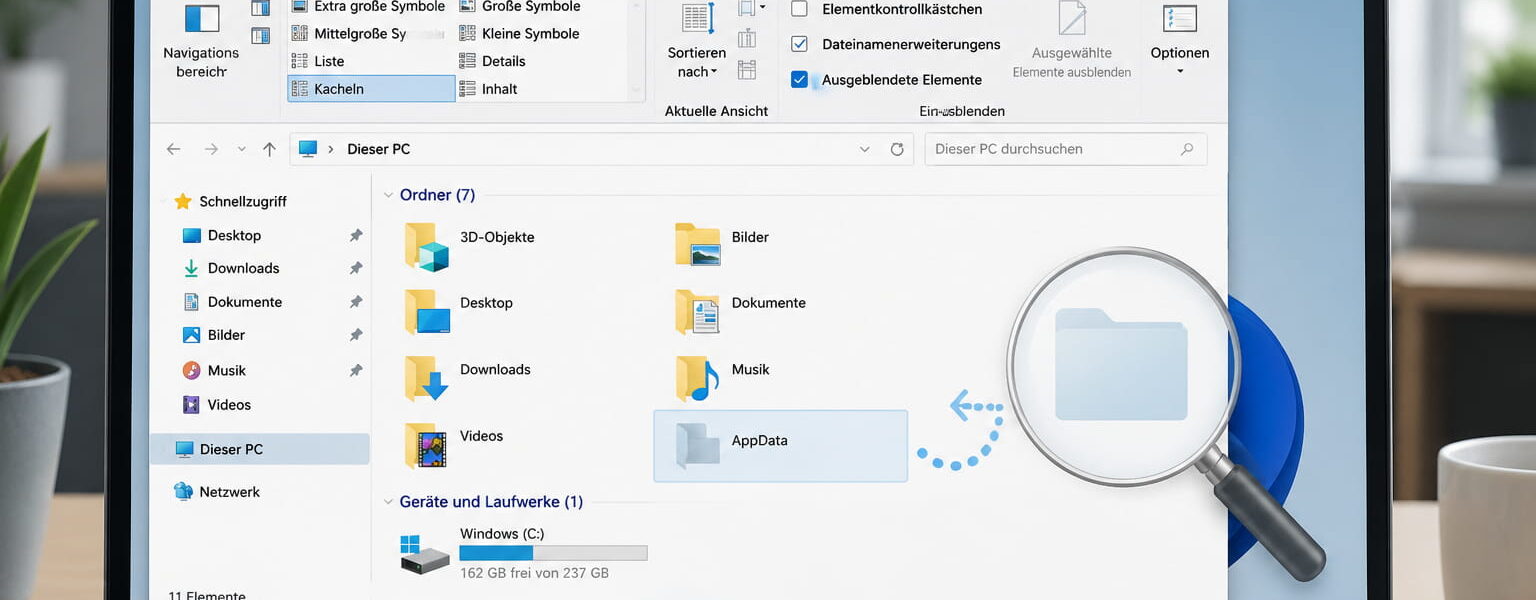 Versteckte Dateien anzeigen im Windows Explorer mit sichtbarem AppData-Ordner
