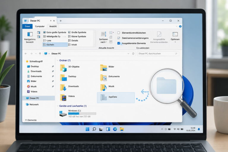Versteckte Dateien anzeigen im Windows Explorer mit sichtbarem AppData-Ordner