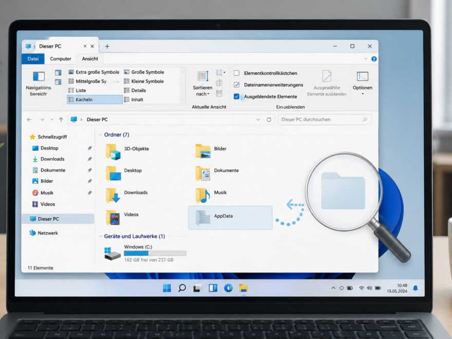 Versteckte Dateien anzeigen im Windows Explorer mit sichtbarem AppData-Ordner