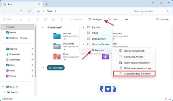 Versteckte Dateien anzeigen in Windows 11 über die Option Ausgeblendete Elemente im Explorer