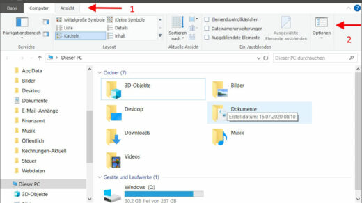 Windows Explorer - Ansicht - Optionen