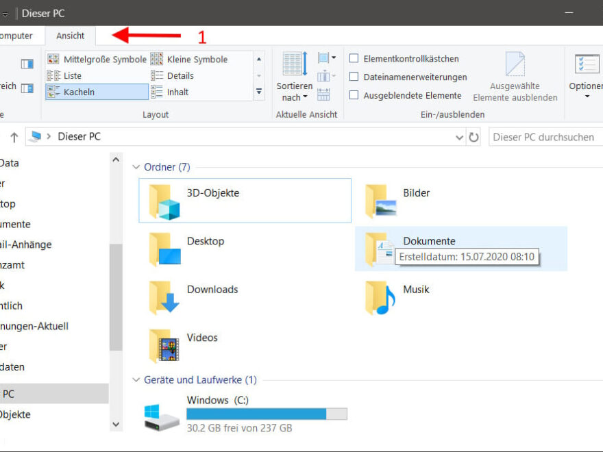 Windows Explorer - Ansicht - Optionen