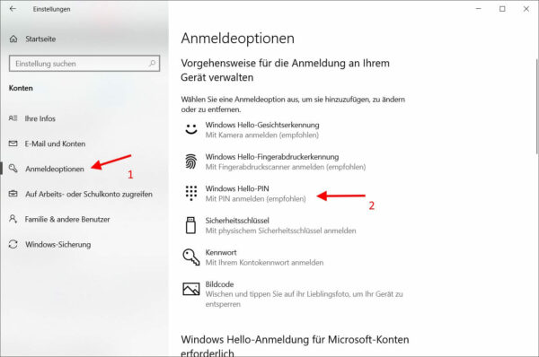 Windows 10 Anmeldeoptionen