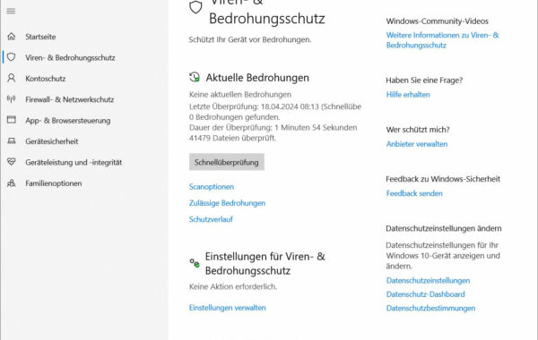 Windows 10 Defender Viren- & Bedrohungsschutz
