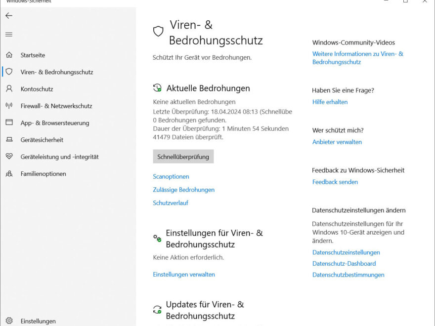 Windows 10 Defender Viren- & Bedrohungsschutz