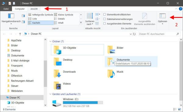 Versteckte Dateien anzeigen in Windows 10 über Ansicht und Optionen im Explorer