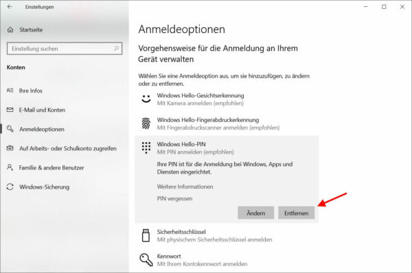 Windows 10 PIN entfernen