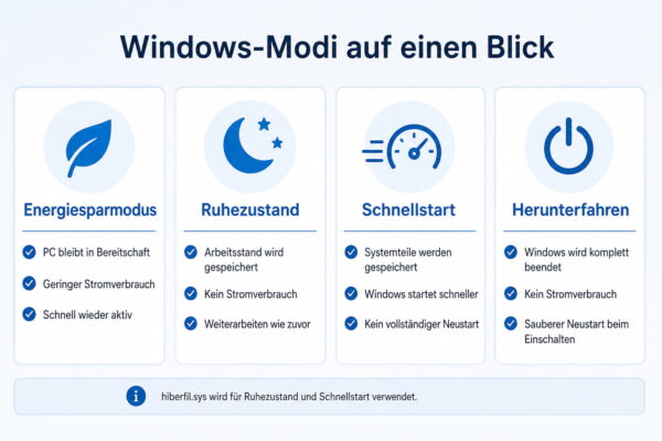 Windows-Modi im Vergleich mit hiberfil.sys Hinweis Vergleich von Energiesparmodus Ruhezustand Schnellstart und Herunterfahren unter Windows