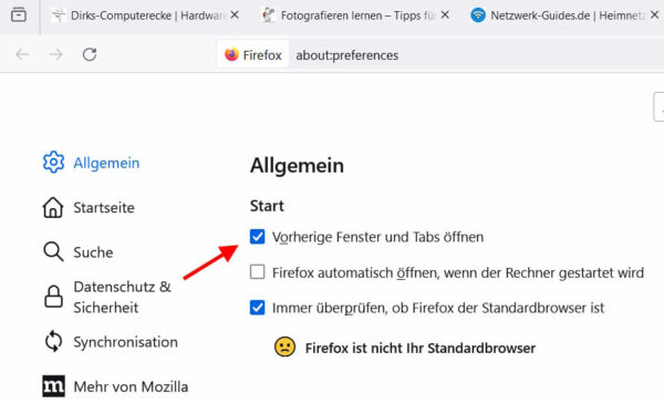 Vorherige Fenster und Tabs öffnen Option Vorherige Fenster und Tabs öffnen Option