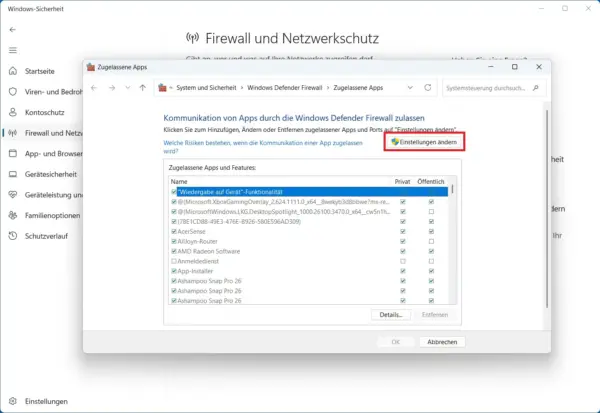 Apps durch die Windows Firewall zulassen Zulässige Apps in der Windows Firewall auswählen