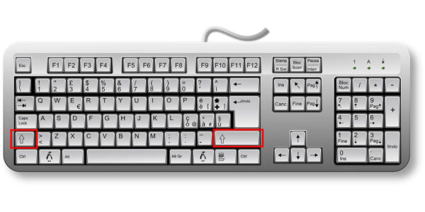 Deutsche Tastatur mit hervorgehobener Umschalttaste Tastatur mit rot markierten Umschalttasten (Shift) links und rechts