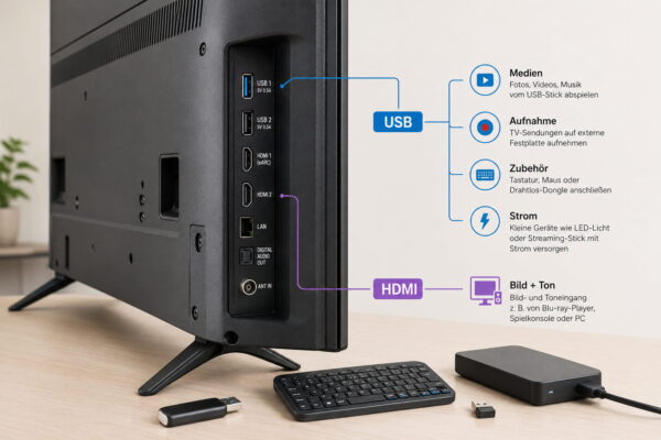 USB am TV – typische Funktionen des Anschlusses USB am TV mit typischen Funktionen für Medien, Aufnahmen, Zubehör und Stromversorgung