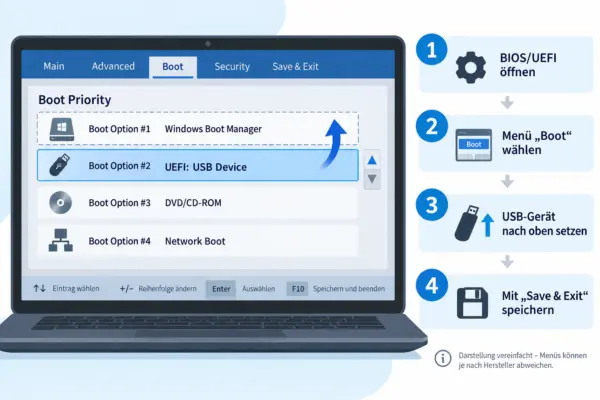 Erklärgrafik zum Ändern der Bootreihenfolge im BIOS oder UEFI mit Windows Boot Manager und USB-Stick