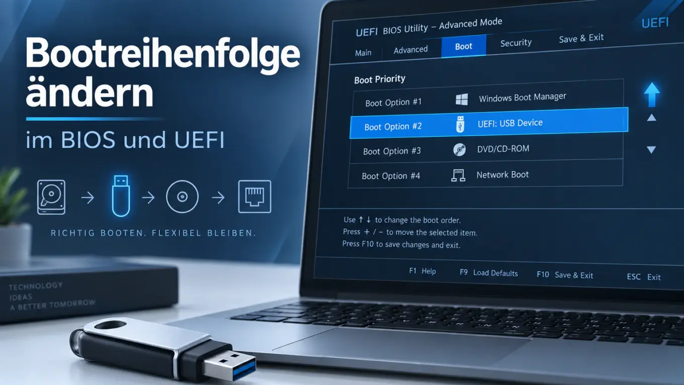 Bootreihenfolge ändern im BIOS und UEFI – Laptop mit Boot-Optionen für Windows Boot Manager und USB-Stick