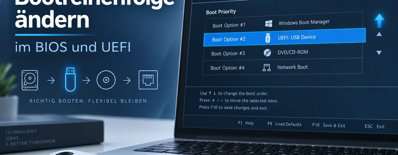 Bootreihenfolge ändern im BIOS und UEFI – Laptop mit Boot-Optionen für Windows Boot Manager und USB-Stick