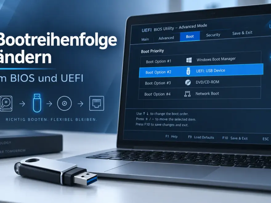 Bootreihenfolge ändern im BIOS und UEFI – Laptop mit Boot-Optionen für Windows Boot Manager und USB-Stick