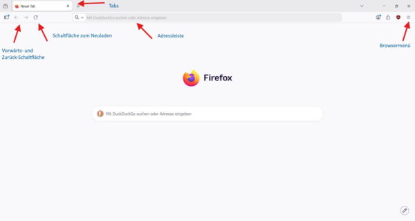 Die wichtigsten Bereiche eines Browsers Browser mit markierten Bereichen wie Tabs, Adressleiste, Navigation und Browsermenü