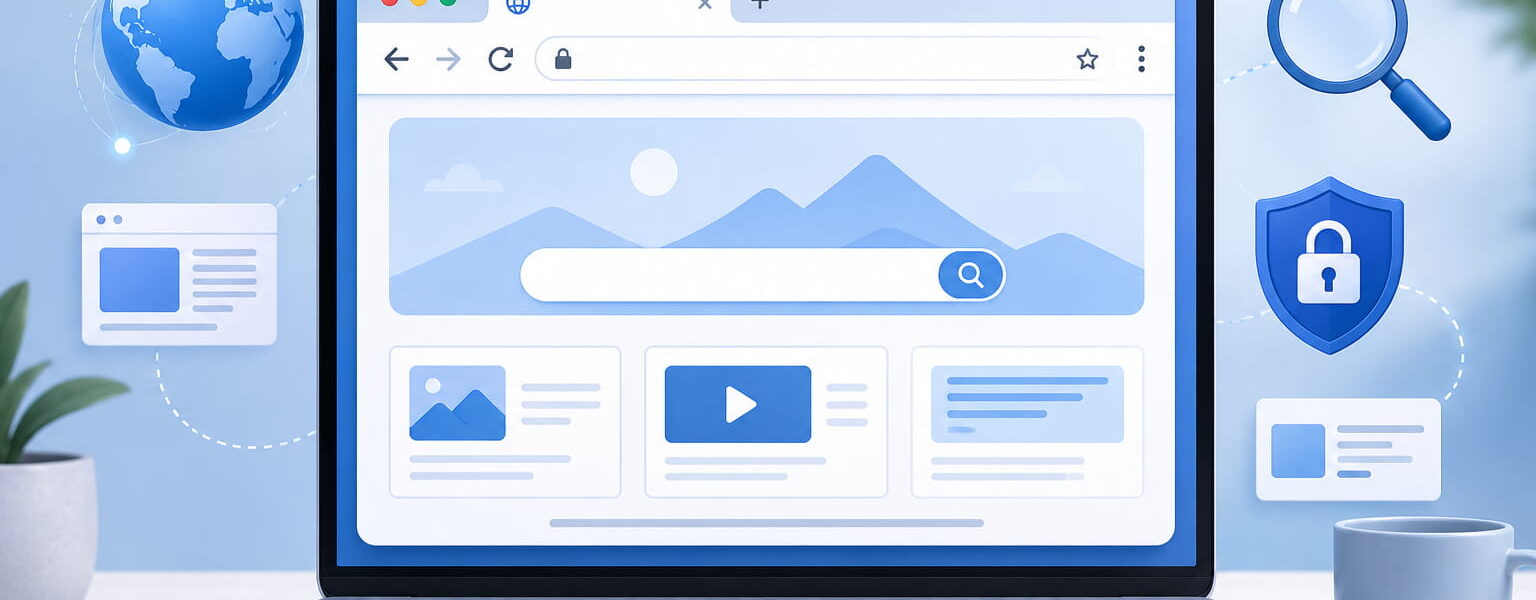 Browser auf einem Laptop mit Symbolen für Internet, Suche und Sicherheit
