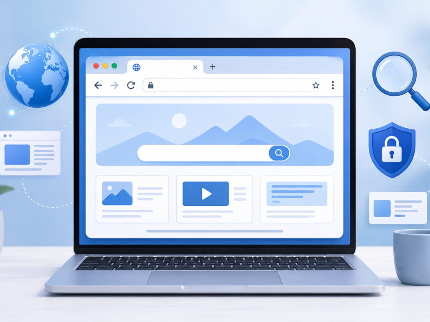 Browser auf einem Laptop mit Symbolen für Internet, Suche und Sicherheit