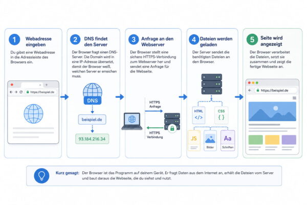 So funktioniert ein Browser Schritt für Schritt Browser Ablaufgrafik von Webadresse, DNS, Webserver und geladener Webseite