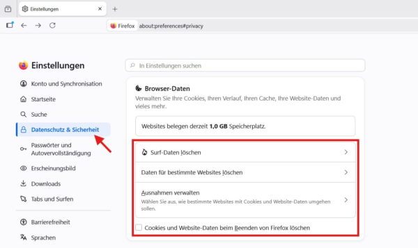 Browser-Daten und Cookies in Firefox verwalten Browser-Daten, Cookies und Cache in den Firefox-Einstellungen verwalten