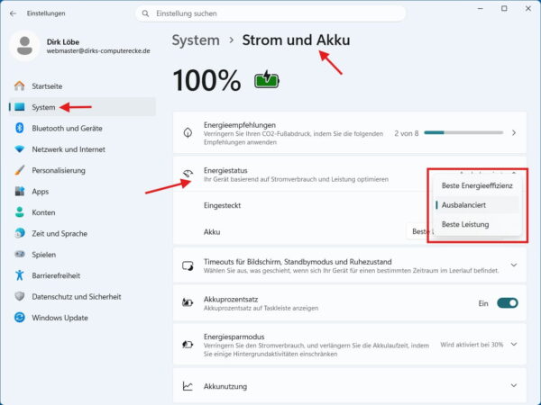 Energiemodus in Windows 11 unter Strom und Akku ändern