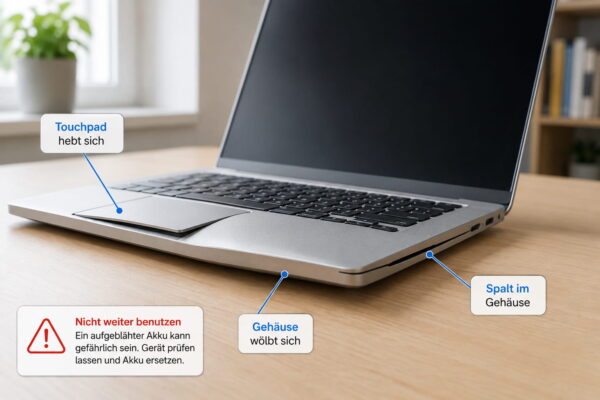 Aufgeblähter Laptop-Akku mit angehobenem Touchpad und Gehäusespalt