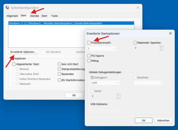 Windows msconfig mit deaktivierter Option Prozessoranzahl einstellen in den erweiterten Startoptionen