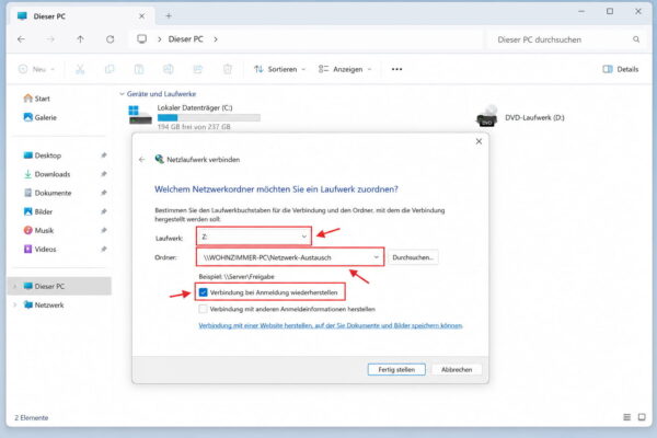 Windows 11: Netzlaufwerk mit freigegebenem Ordner verbinden Freigegebenen Ordner in Windows 11 als Netzlaufwerk verbinden