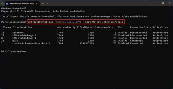 Netzwerk-Priorität in Windows mit PowerShell anzeigen