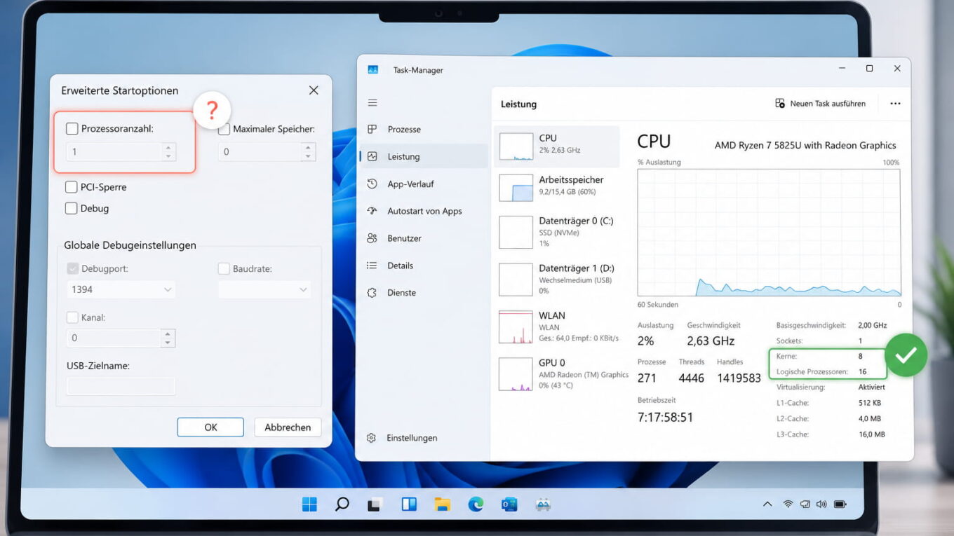 Windows 11 zeigt msconfig Prozessoranzahl und Task-Manager CPU-Kerne