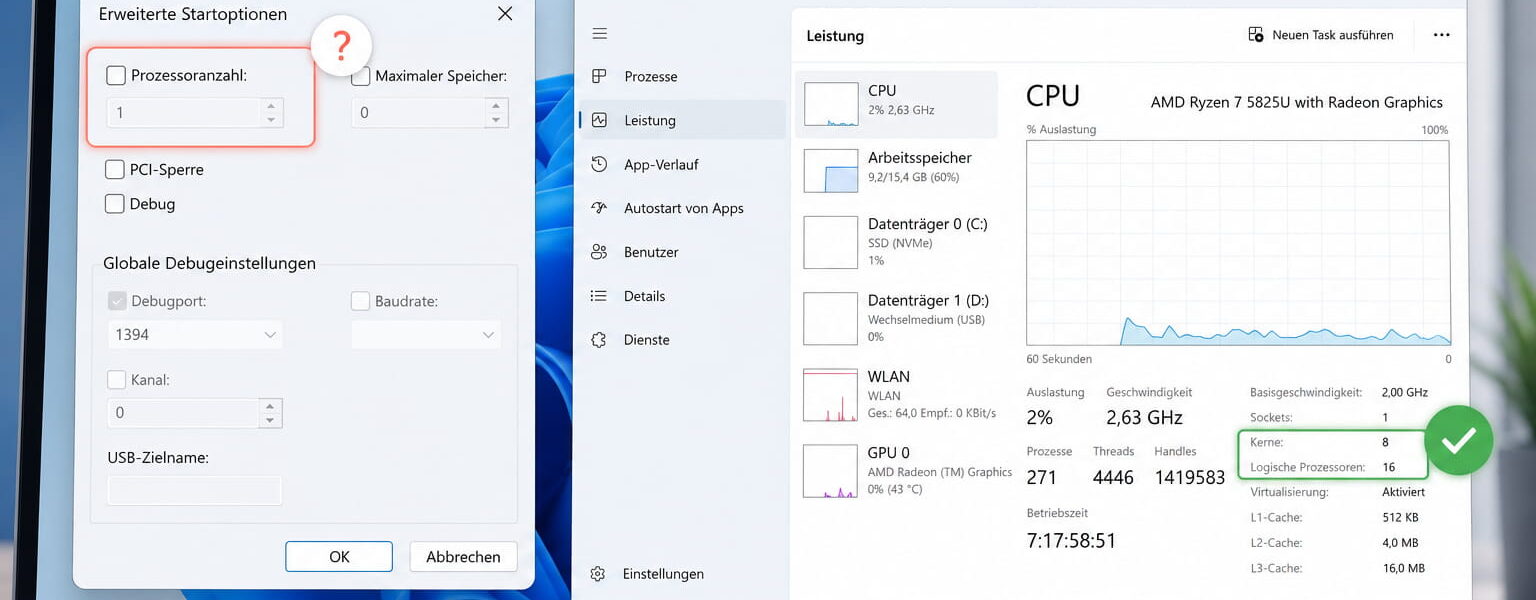 Windows 11 zeigt msconfig Prozessoranzahl und Task-Manager CPU-Kerne