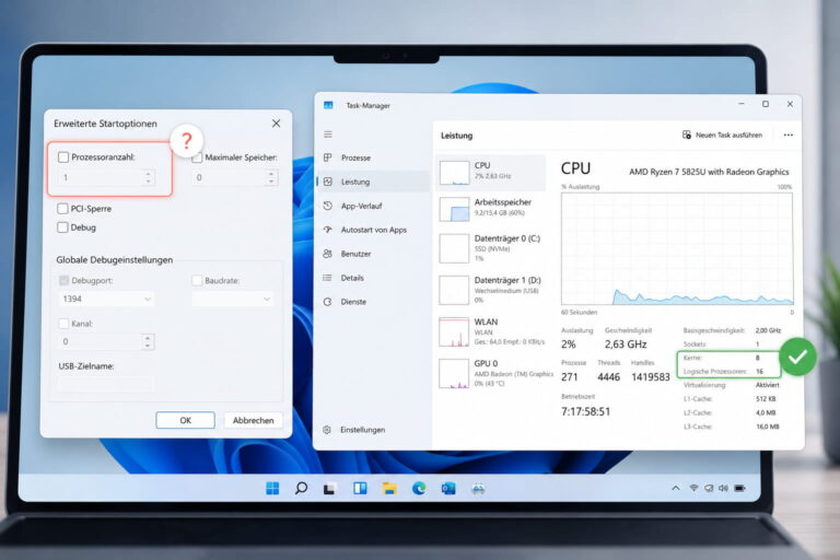 Windows 11 zeigt msconfig Prozessoranzahl und Task-Manager CPU-Kerne