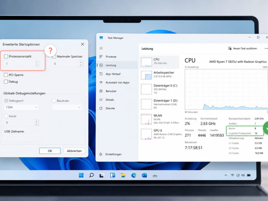 Windows 11 zeigt msconfig Prozessoranzahl und Task-Manager CPU-Kerne
