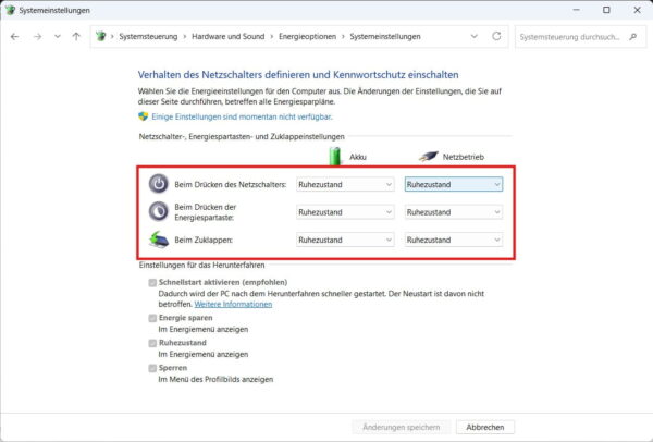 Windows Ruhezustand beim Zuklappen oder Netzschalter nutzen Ruhezustand für Netzschalter und Laptopdeckel einstellen