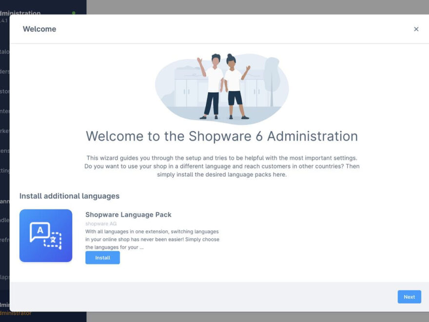 Auf der Willkommensseite des Erstinstallationsassistenten in der Shopware 6 Administration wird eine Option zur Installation eines Sprachpakets angezeigt.