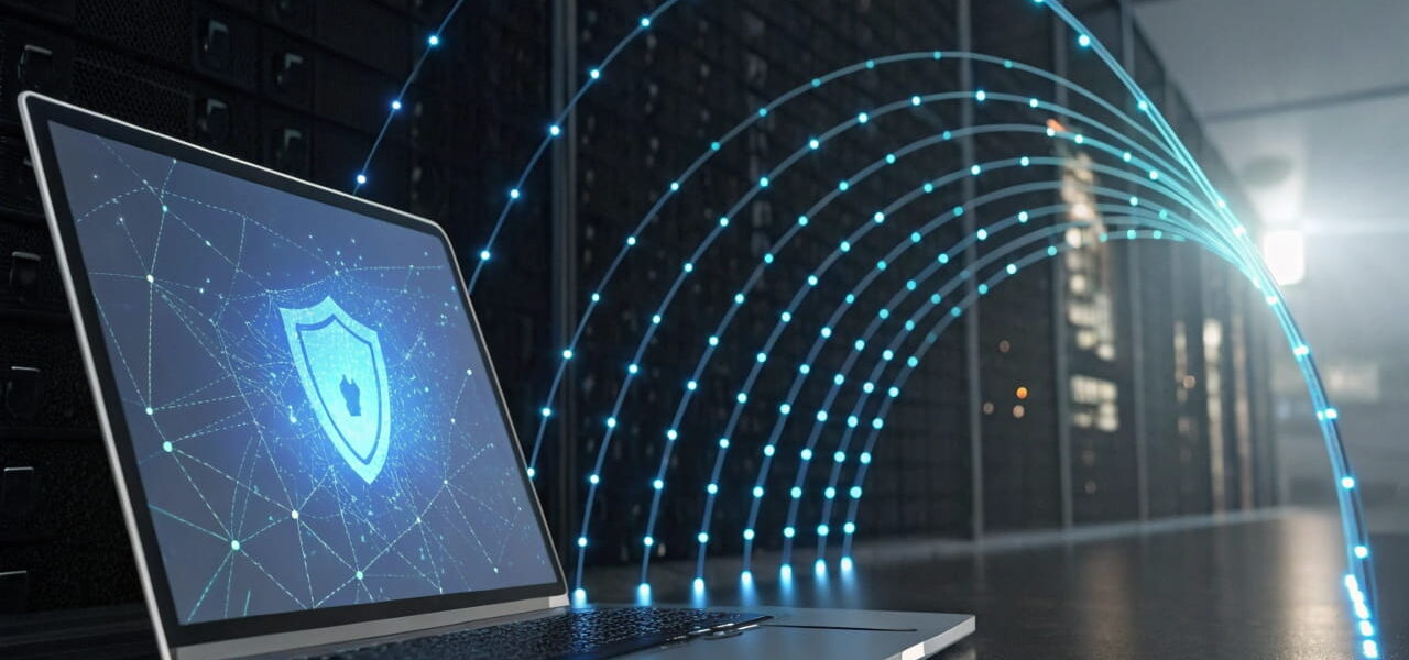 VPN-Funktion erklärt: Sicherer Datenverkehr zwischen Laptop und VPN-Server mit verschlüsselter Verbindung.