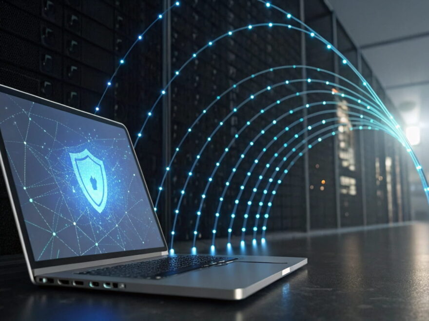 VPN-Funktion erklärt: Sicherer Datenverkehr zwischen Laptop und VPN-Server mit verschlüsselter Verbindung.