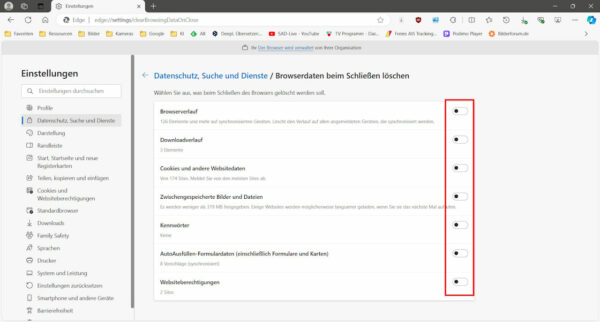 Browserdaten beim Schließen löschen