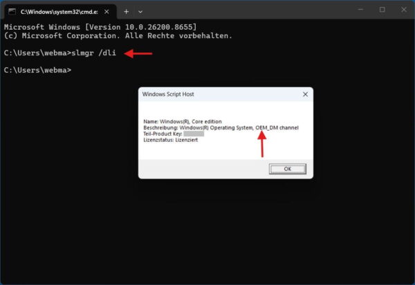 OEM oder Retail mit dem Befehl slmgr /dli unter Windows prüfen