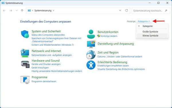 Ansicht der Systemsteuerung zwischen Kategorie und Symbolen ändern