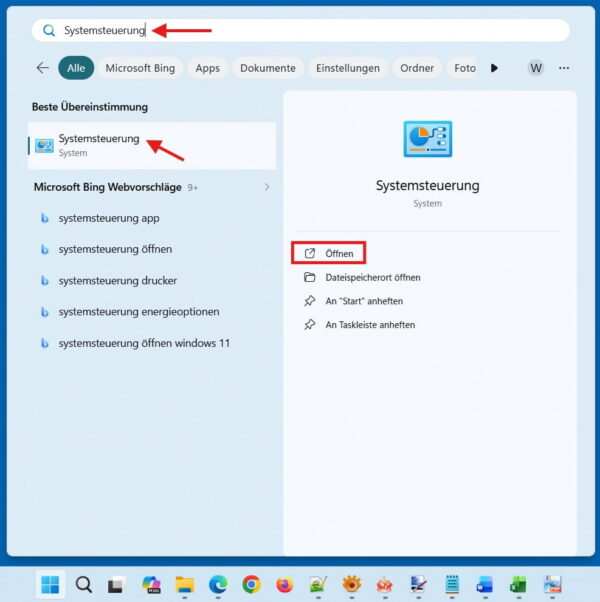 Systemsteuerung über die Windows-Suche öffnen