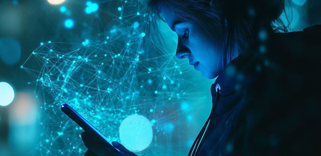 Person nutzt Smartphone, Algorithmen steuern den digitalen Alltag