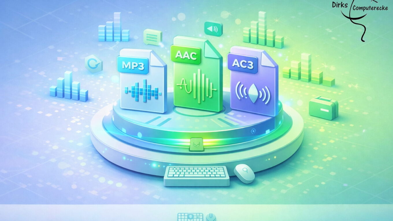 Illustration der wichtigsten Audioformate wie MP3, AAC und AC3 mit visueller Darstellung von Klang und Datenstruktur