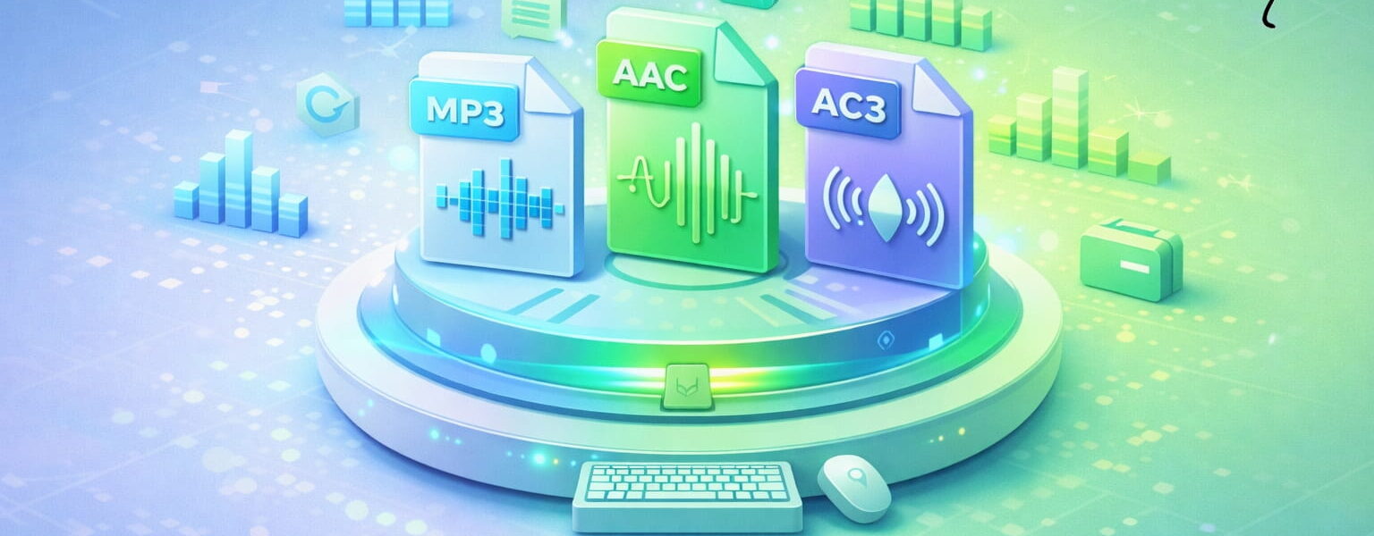 Illustration der wichtigsten Audioformate wie MP3, AAC und AC3 mit visueller Darstellung von Klang und Datenstruktur