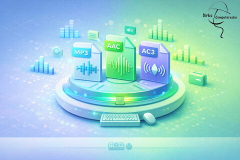 Illustration der wichtigsten Audioformate wie MP3, AAC und AC3 mit visueller Darstellung von Klang und Datenstruktur