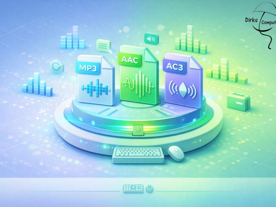 Illustration der wichtigsten Audioformate wie MP3, AAC und AC3 mit visueller Darstellung von Klang und Datenstruktur
