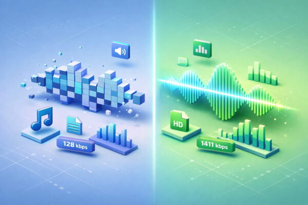 Vergleich von verlustbehafteten und verlustfreien Audioformaten anhand einer visualisierten Audio-Wellenform