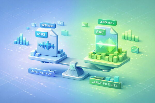 Vergleich von Audioqualität und Dateigröße anhand unterschiedlicher Bitraten bei Audioformaten