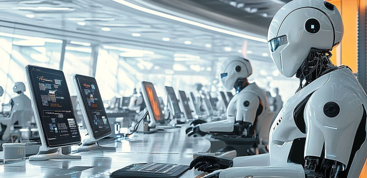 Futuristisches Büro mit Menschen und Robotern, die gemeinsam arbeiten, symbolisiert den Einfluss der Automatisierung auf Karrieren.